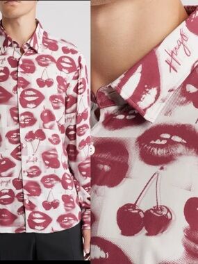 HUGO Ermo Lips Cherries Print Button Up Shirt Large